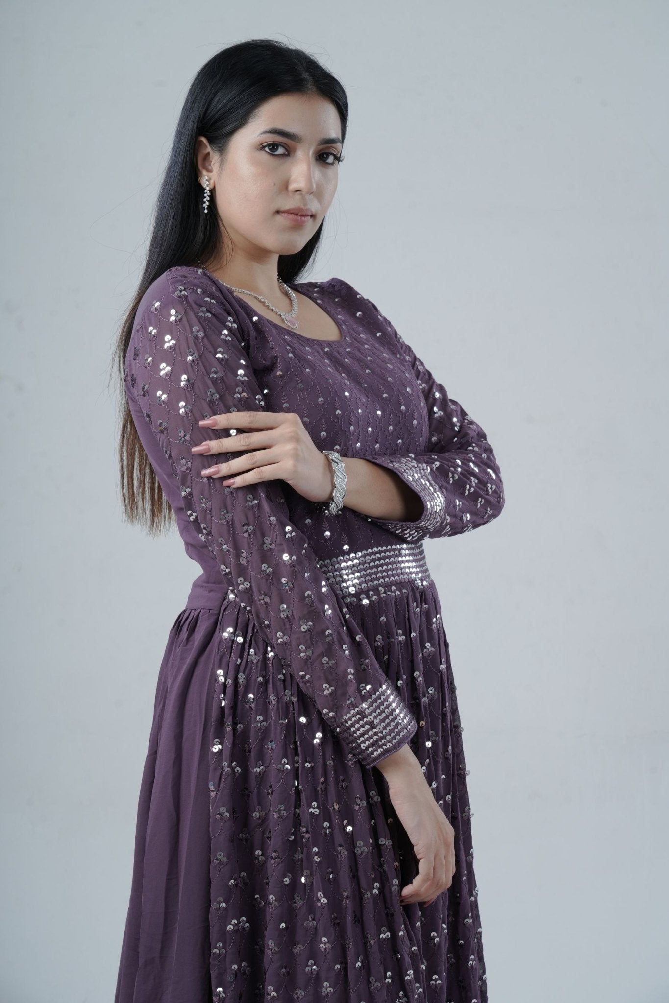 Elegant Georgette Gown with Sparkling Sequins and Silk Santoon Pants KURTI JCS Fashions
