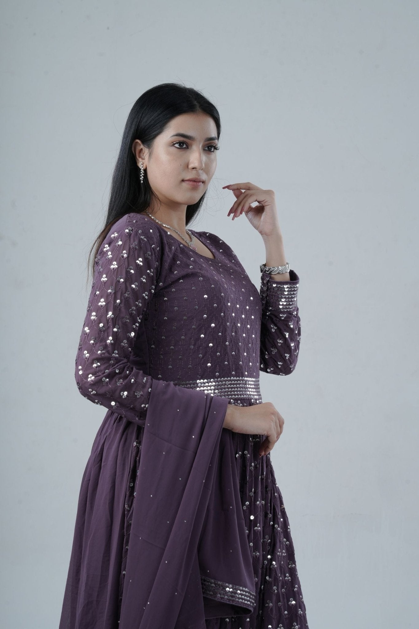 Elegant Georgette Gown with Sparkling Sequins and Silk Santoon Pants KURTI JCS Fashions