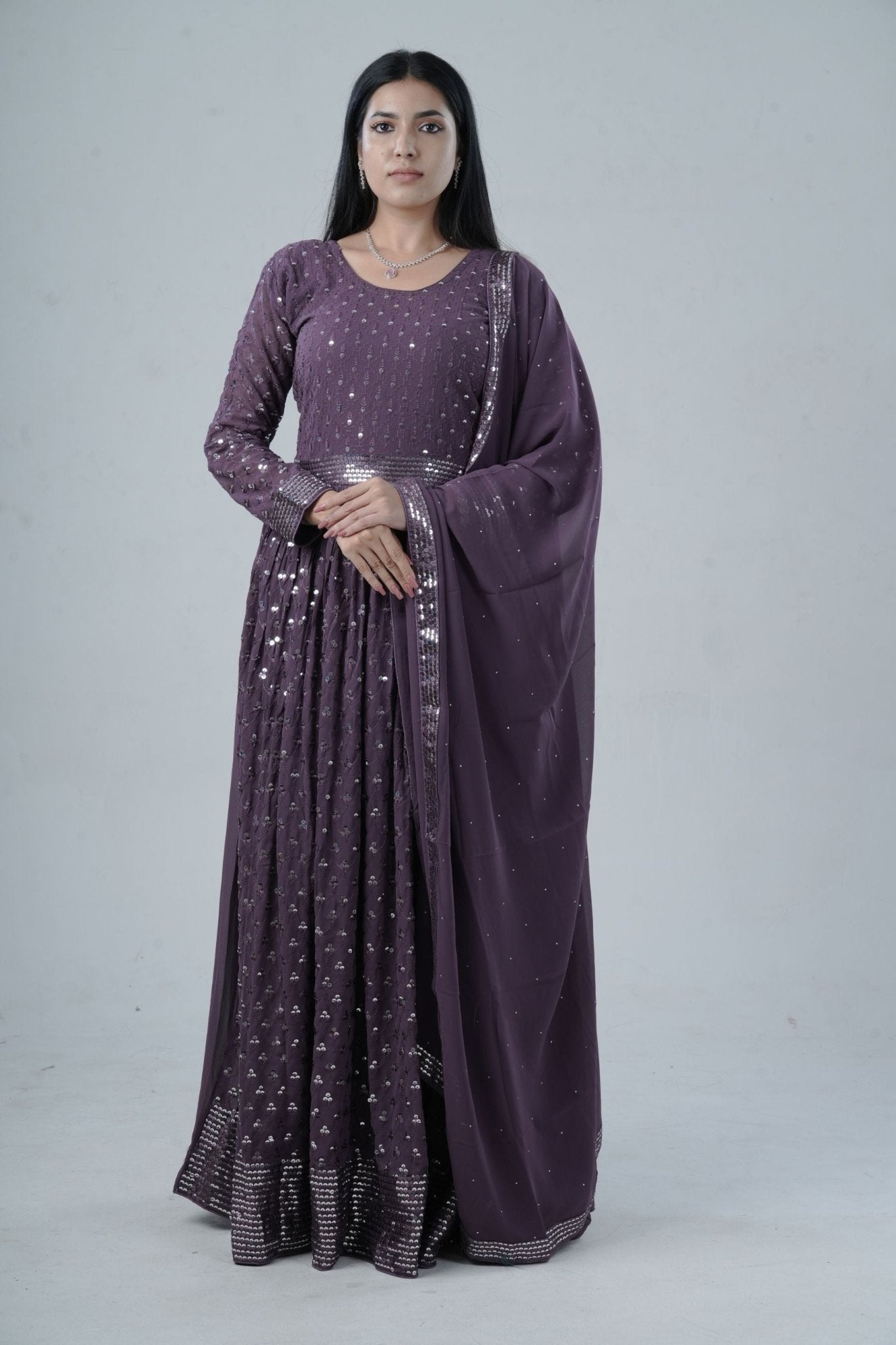 Elegant Georgette Gown with Sparkling Sequins and Silk Santoon Pants KURTI JCS Fashions Purple Large (40)