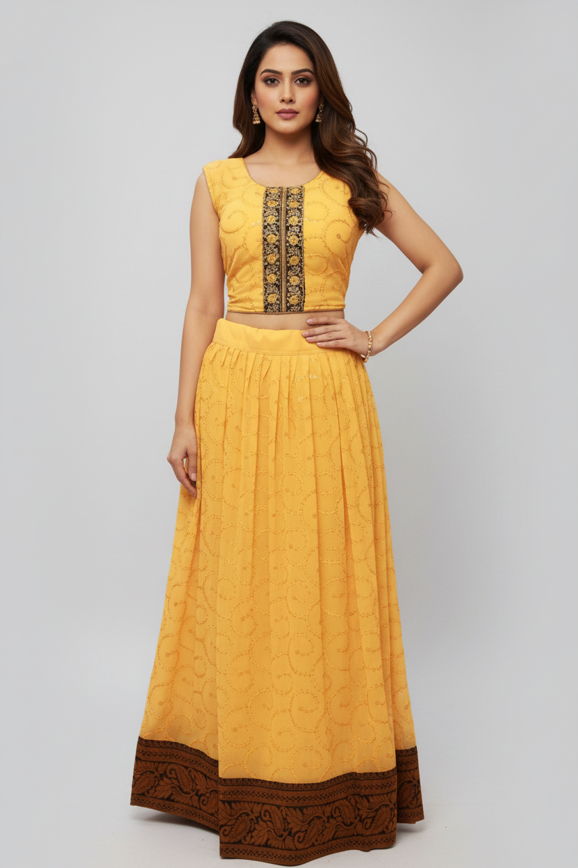 Yellow Georgette Material Crop Top Lehenga