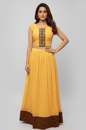 Yellow Georgette Material Crop Top Lehenga