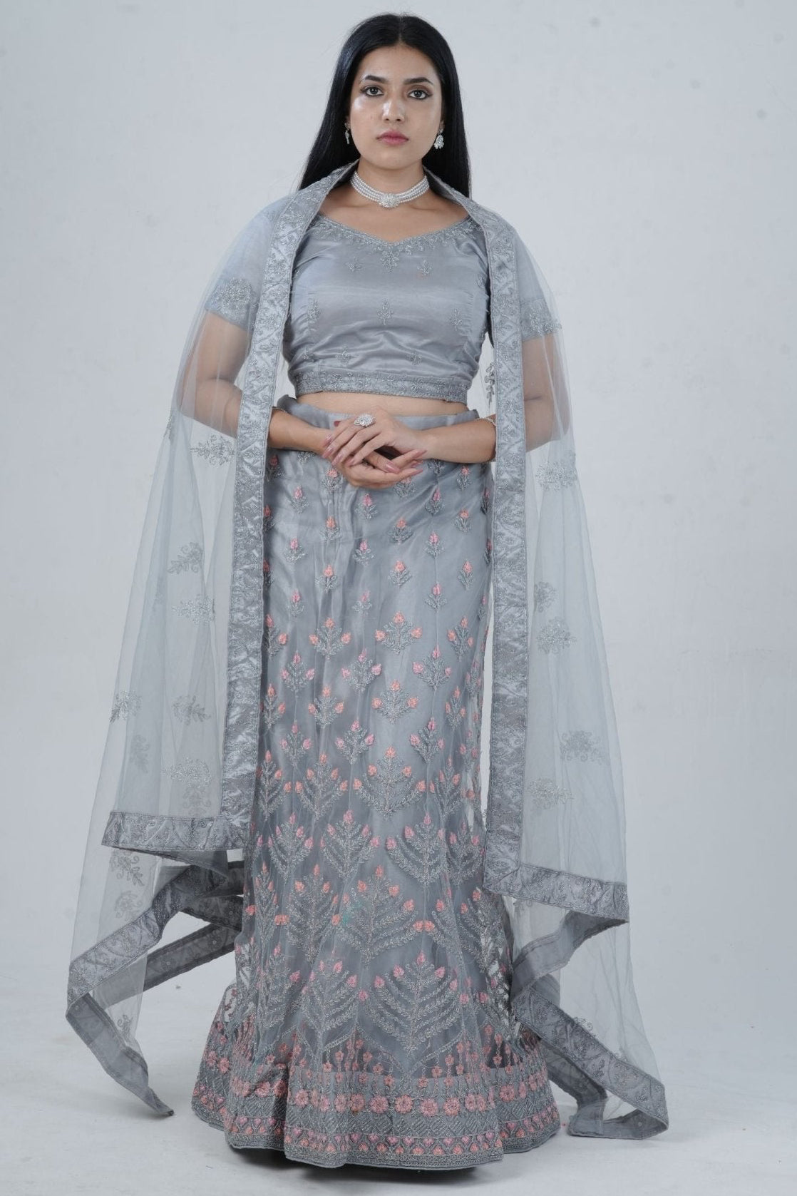 Elegant Glitter Embroidery Designer Soft Net Lehenga with Crop Top LEHENGA JCS Fashions Grey Large (40)