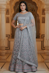 Gray Glitter Embroidery Soft Net Lehenga with Crop Top