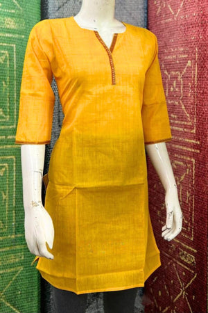 Yellow Cotton Kurti – Handloom Embroidered Semi-Cotton