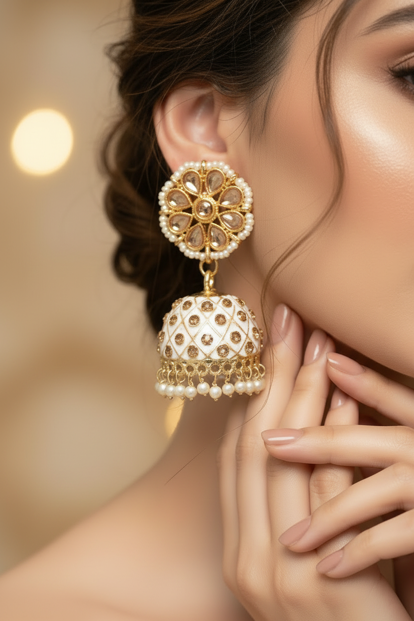 Green Kundan Jhumka Earrings With stones and imitation