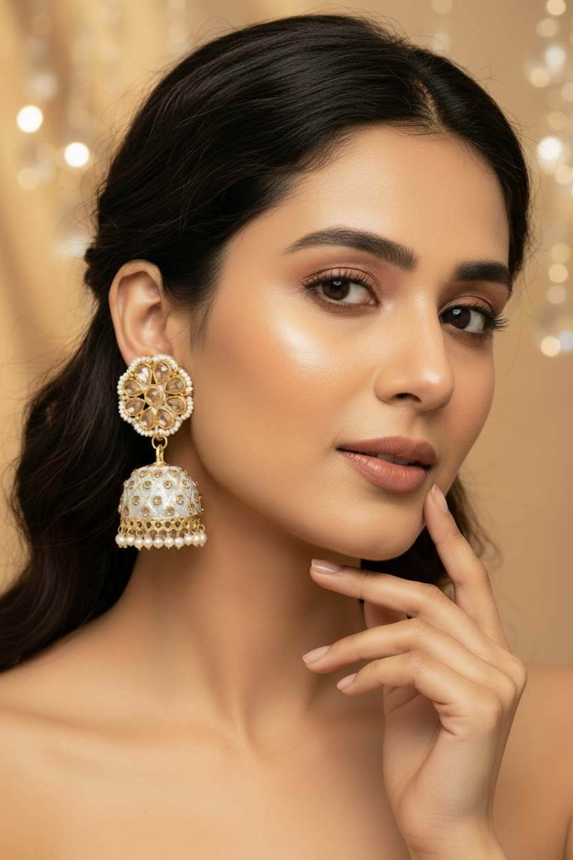 Green Kundan Jhumka Earrings With stones and imitation