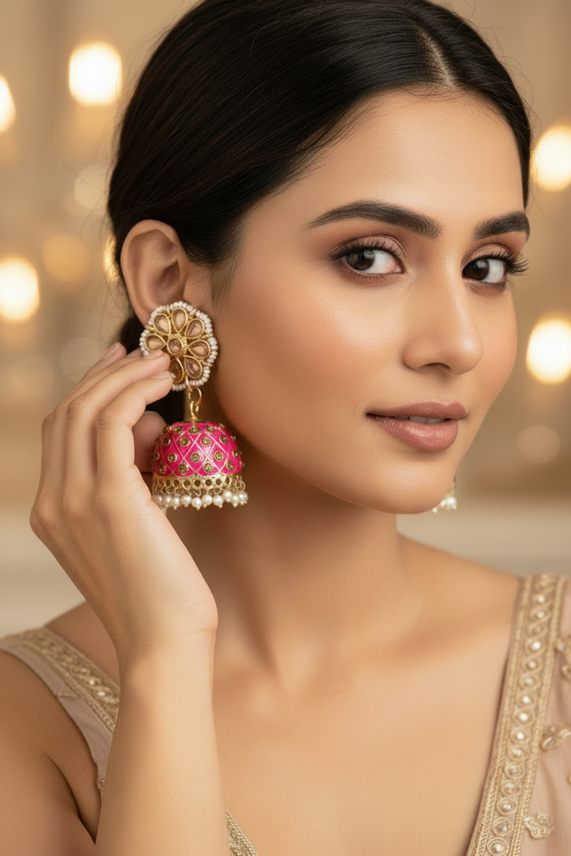Green Kundan Jhumka Earrings With stones and imitation
