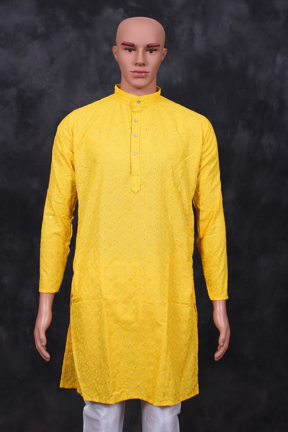Elegant Lakhnavi Men's Kurta with Sequin Details and Embroidery Men JCS Fashions Yellow Large (40)