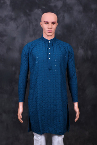 Elegant Men's Lakhnavi Kurta with Exquisite Embroidery & Resham Detailing Men JCS Fashions Blue Large (40)