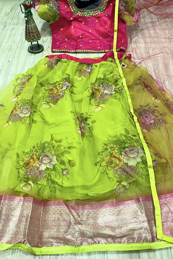 Elegant Organza and Rawsilk Crop Top Lehenga Set with Net Dupatta LEHANGA JCS Fashions Pink & Green 38