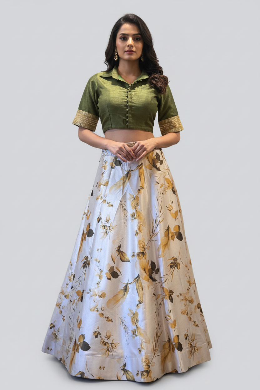 Elegant Printed Lehenga with Taffeta Silk Blouse and Dupatta