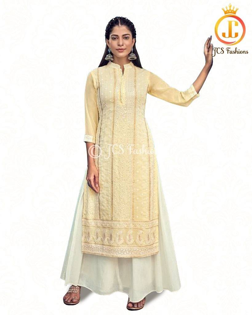 Chikan Embroidered Georgette Kurti with Skirt – Traditional Ethnic Wear Kurti JCS Fashions Yellow Small (36)
