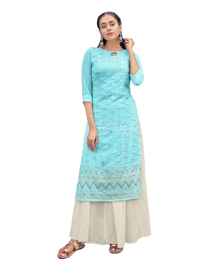Pure Georgette Lucknowi Kurti with Inner – Elegant Chikan Work Kurti JCS Fashions Blue Small (36)