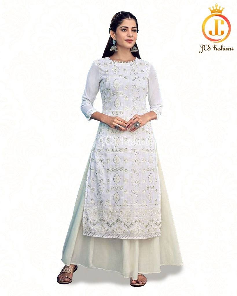 Handcrafted Georgette Lucknowi Kurti with Cotton Skirt – Elegant Chikan Work Kurti JCS Fashions White Small (36)