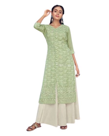 Traditional Georgette Lucknowi Kurti with Cotton Skirt Kurti JCS Fashions Green Small (36)