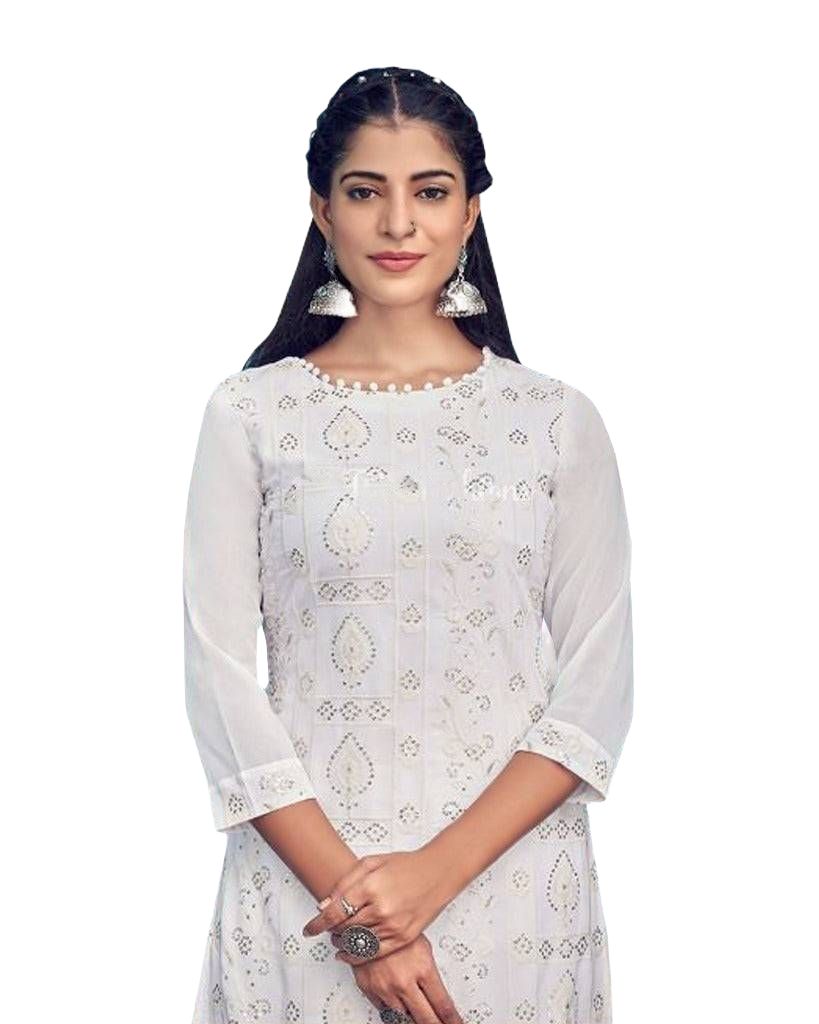 Handcrafted Georgette Lucknowi Kurti with Cotton Skirt – Elegant Chikan Work Kurti JCS Fashions