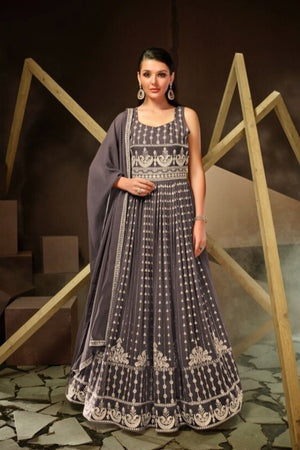 Brown Real Georgette Embroidered Kurti Top with Sleeves