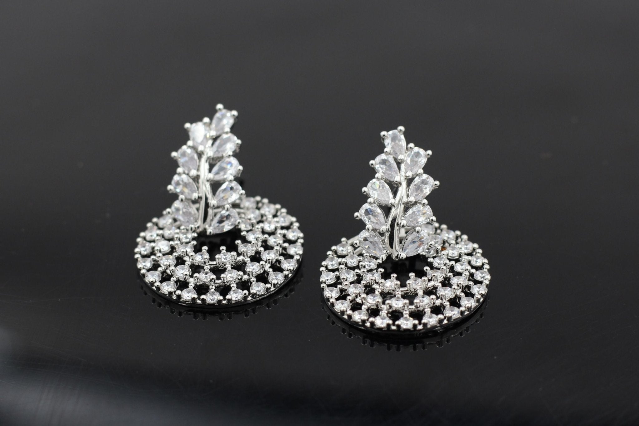 Elegant Silver Polish Designer Earrings with Gleaming White Stones Jewelry JCS Fashions