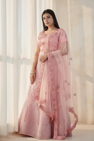 Elegant Soft-Net Lehenga Set with Sequins Embroidered Crop Top LEHENGA JCS Fashions Large (40) Baby Pink