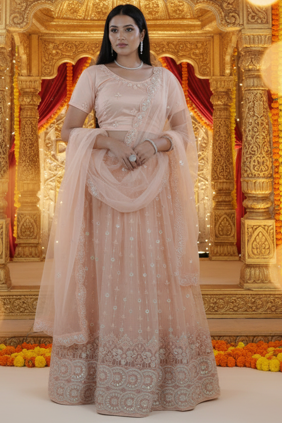 Orange Soft Net Lehenga With Beadwork & Sequins