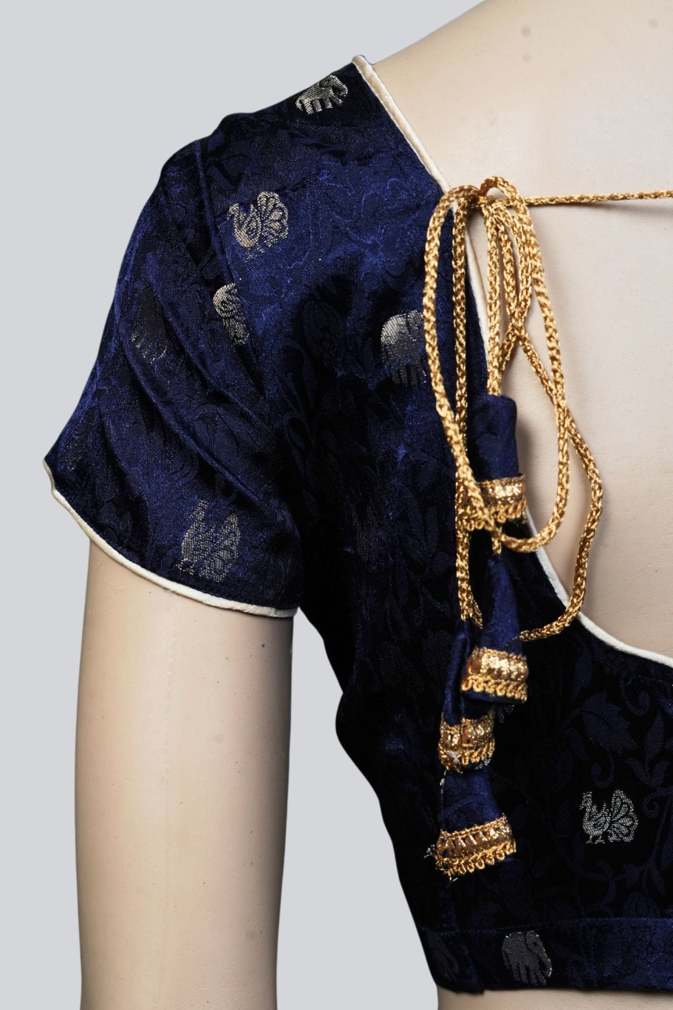 Elephant Elegance: Dark Blue Brocade Blouse at JCSFashions Blouse JCS Fashions