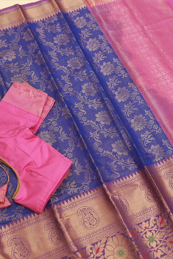 Embose Gold Jall Zari Deepam Pattu Saree | Exquisite Kanchi Border Saree JCS Fashions Blue 5.5 meters