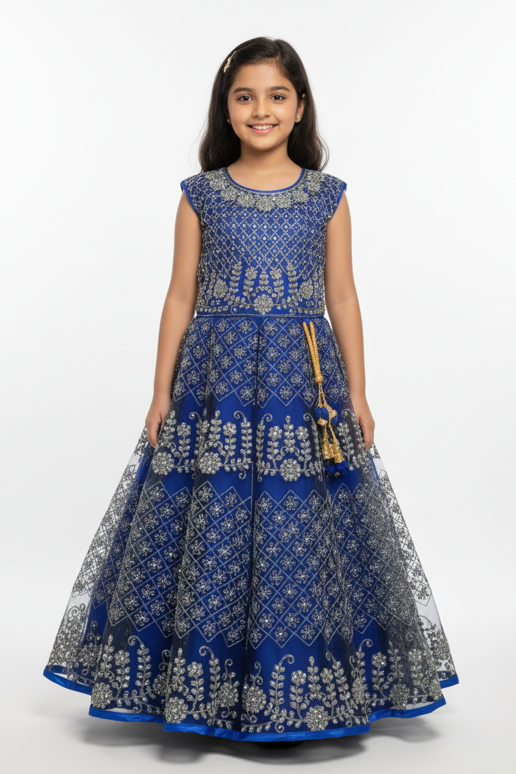 Blue Girls Party Net Frock with Embroidery & Stone