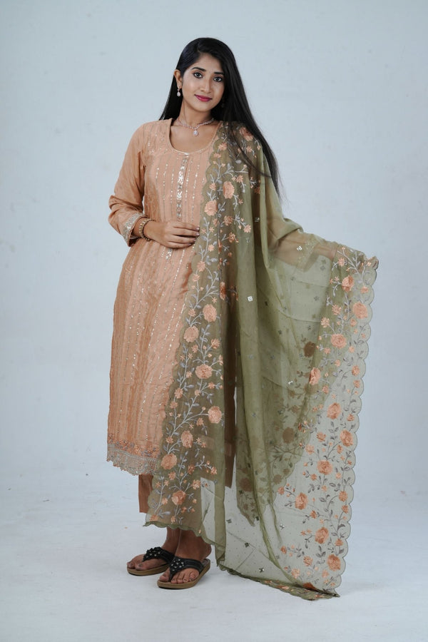 Embroidered Sequin Soft Chinnon Salwar Kameez: Luxurious Kurti Set KURTI JCS Fashions Orange Medium (38)