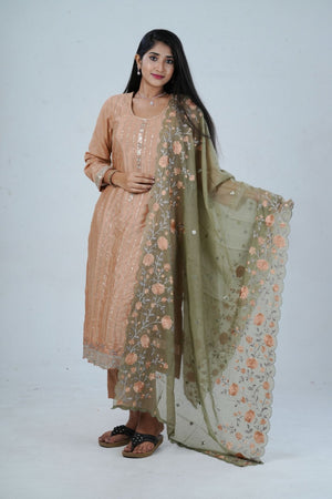 Orange Embroidered Sequin Soft Chinnon Salwar Kameez