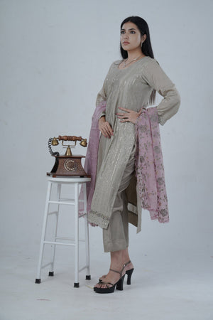 Gray Embroidered Sequin Work Soft Chinnon Salwar