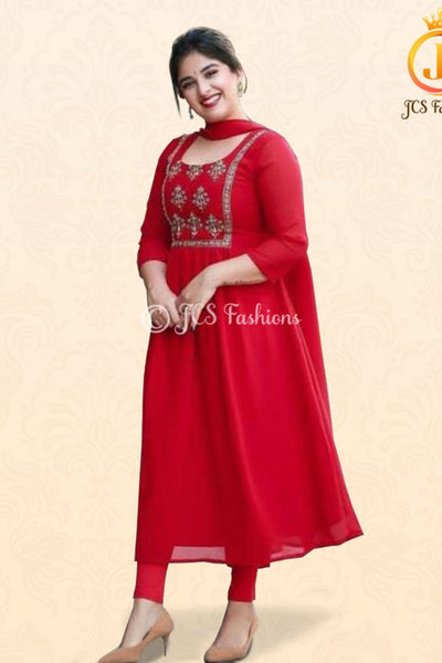 Embroidery Work Anarkali Dress with Bottom and Dupatta KURTI JCS Fashions Red Medium (38)