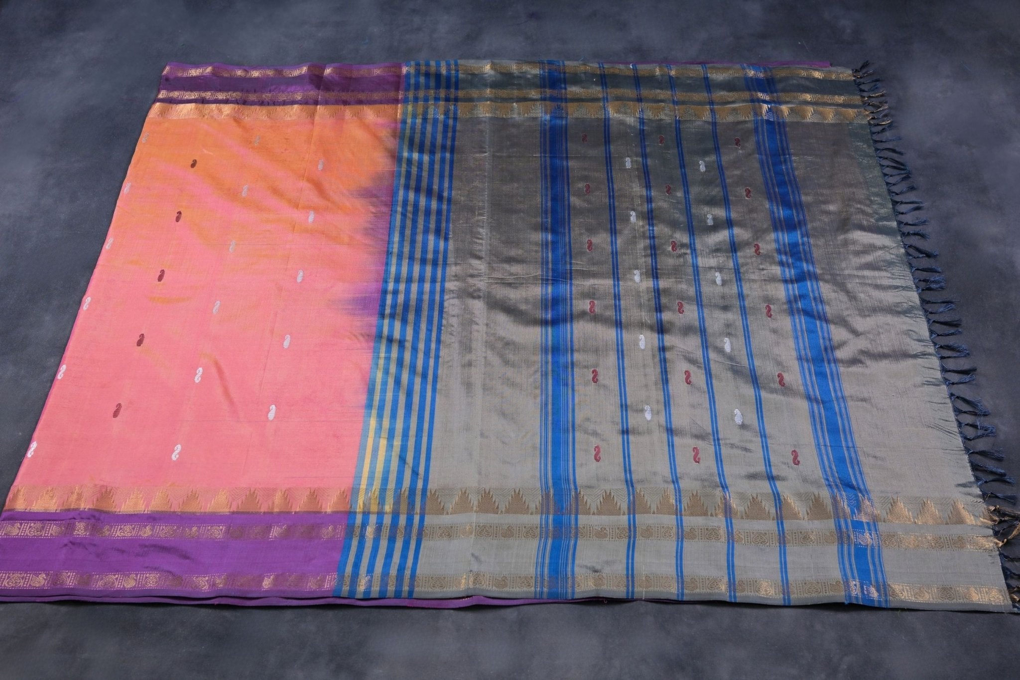 Ethereal Banana Pith Saree with Luxurious Gold Zari Border -JCSFashions Saree JCS Fashions Orange & Grey 5.5 meters