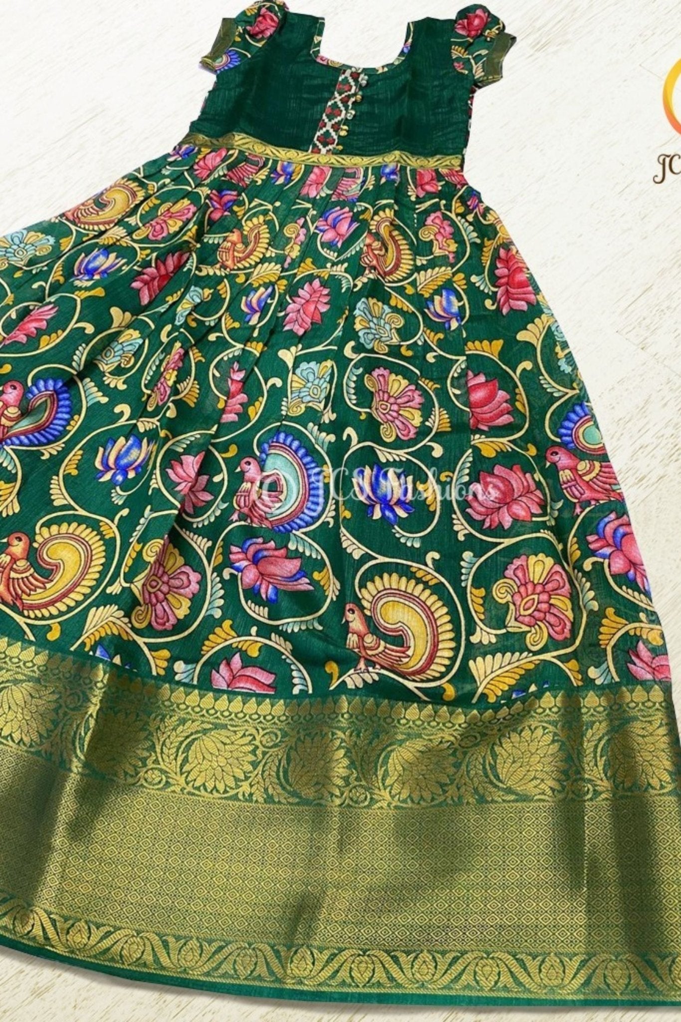 Exclusive Chanderi Silk Gown with Designer Digital Print & Zari Border GIRLS JCS Fashions Green 24