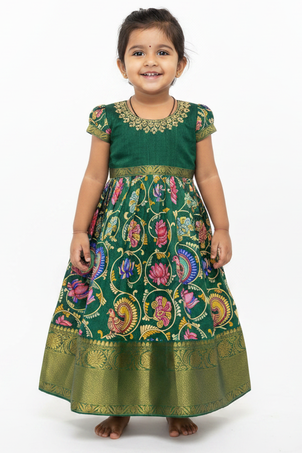 Girls' Green Chanderi Silk Gown - Digital Print, Zari