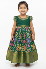 Girls' Green Chanderi Silk Gown - Digital Print, Zari