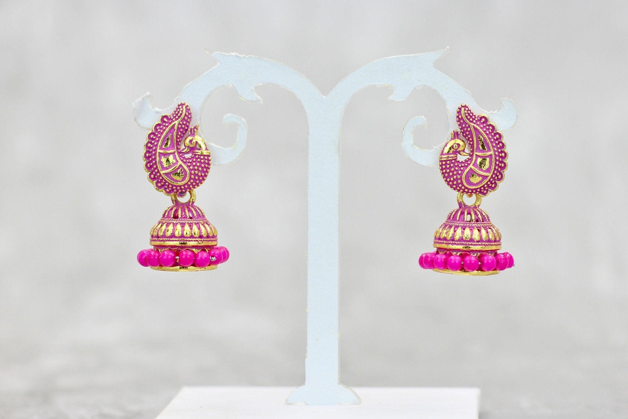 Exotic Gold-Plated Ethnic-Western Jhumkis with Accents by JCSFashions Jewelry JCS Fashions Pink 1.3 inch