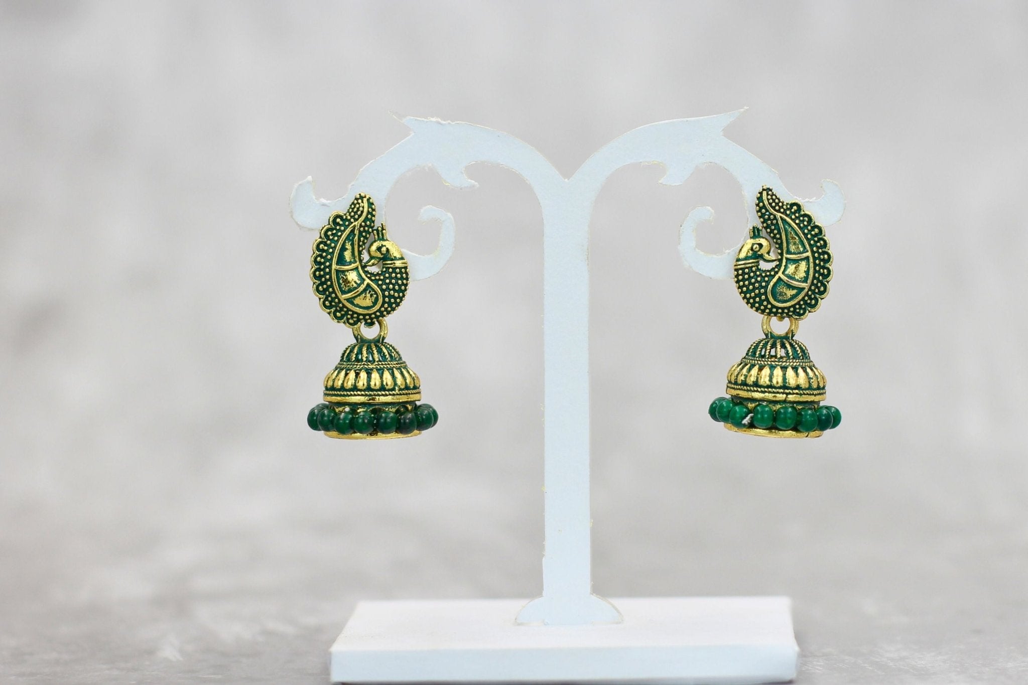 Exotic Gold-Plated Ethnic-Western Jhumkis with Accents by JCSFashions Jewelry JCS Fashions Green 1.3 inch