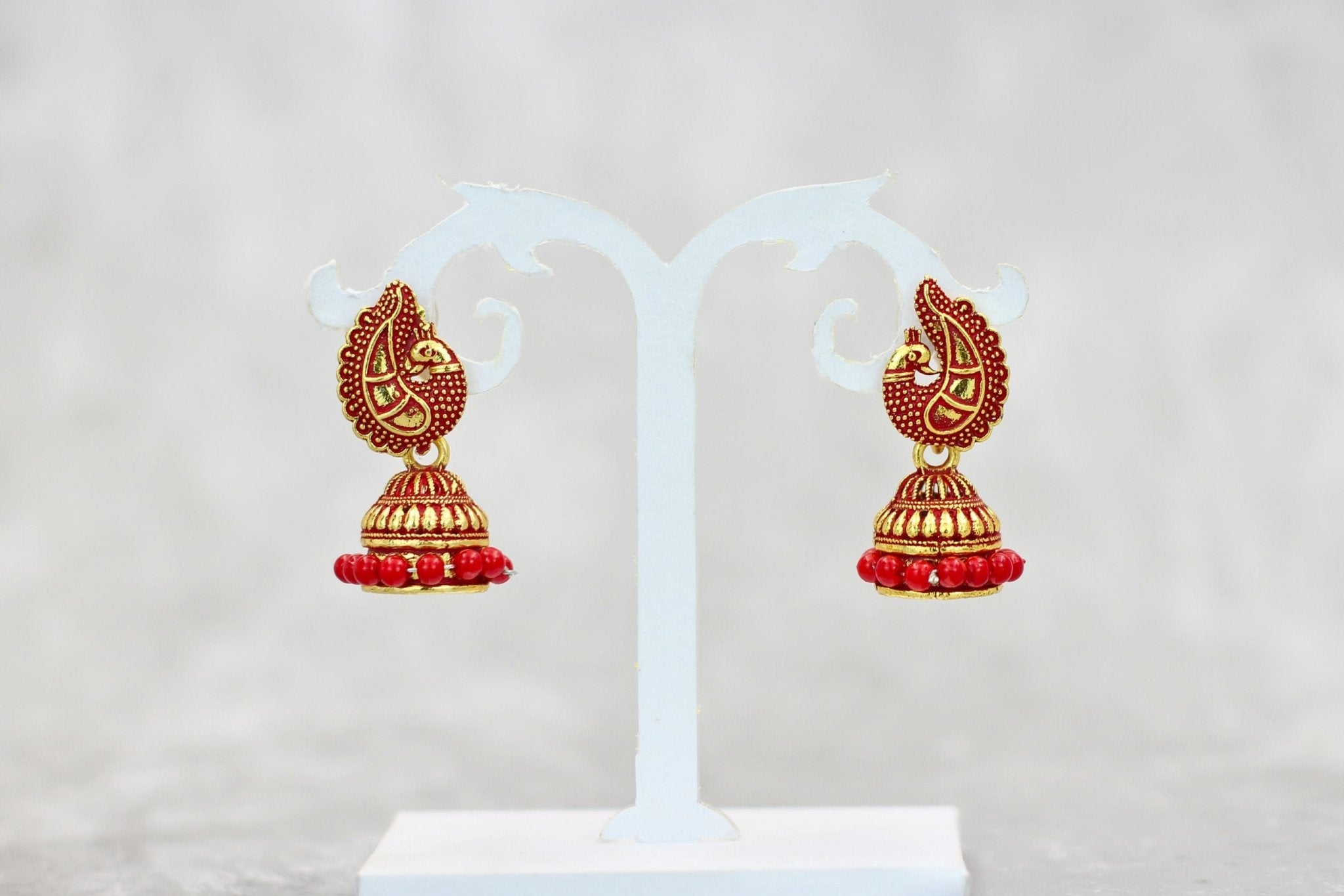 Exotic Gold-Plated Ethnic-Western Jhumkis with Accents by JCSFashions Jewelry JCS Fashions Red 1.3 inch
