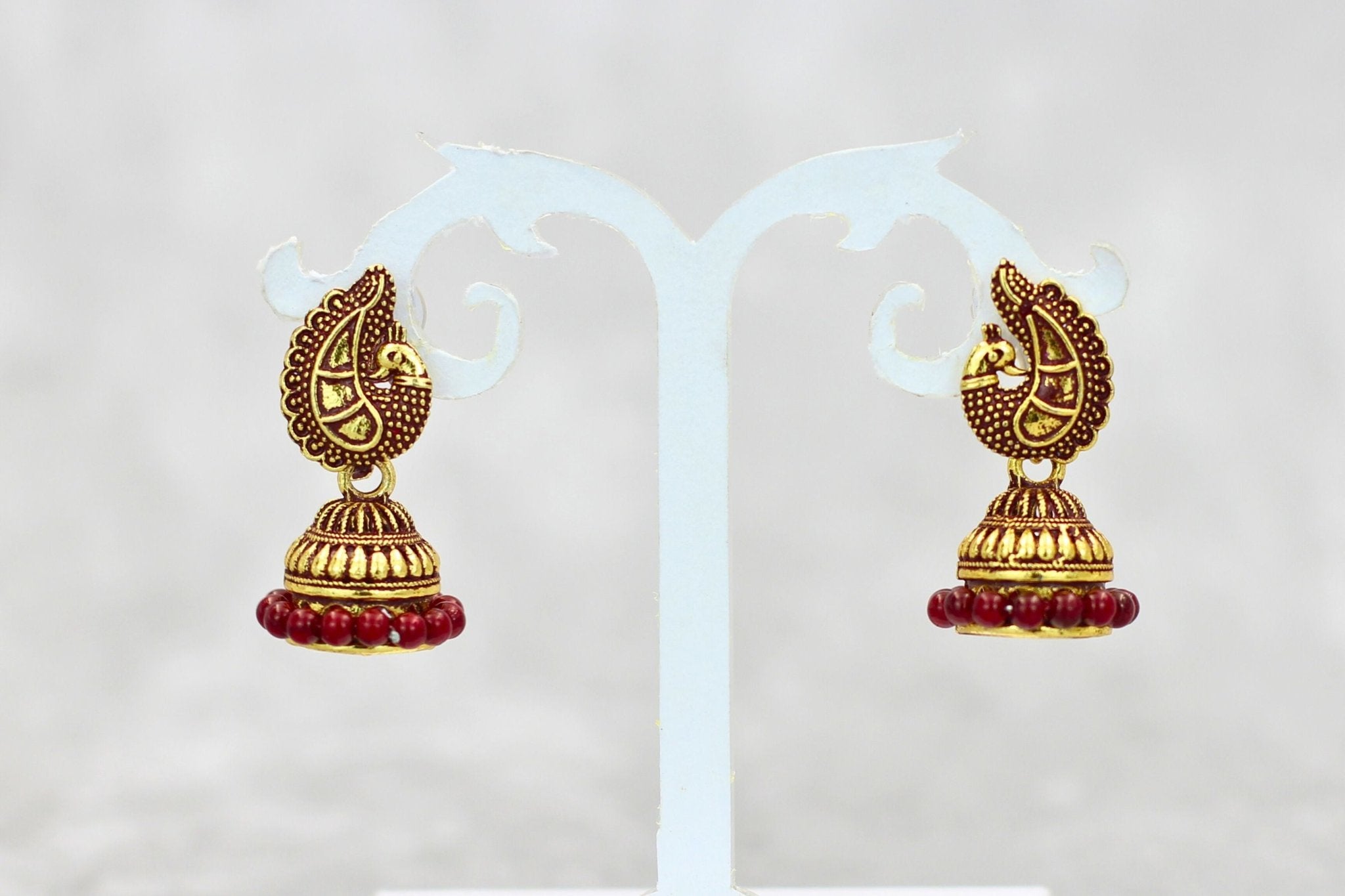 Exotic Gold-Plated Ethnic-Western Jhumkis with Accents by JCSFashions Jewelry JCS Fashions Maroon 1.3 inch