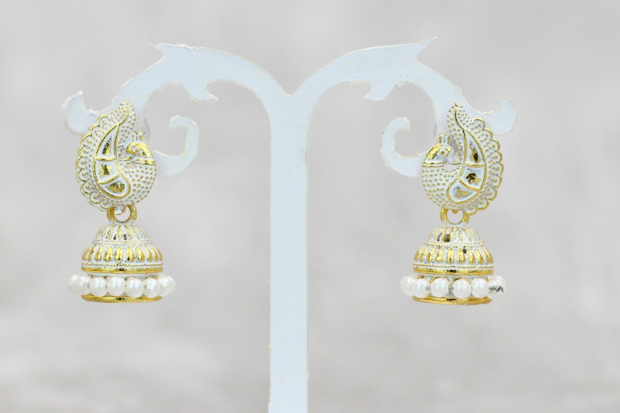 Exotic Gold-Plated Ethnic-Western Jhumkis with Accents by JCSFashions Jewelry JCS Fashions White 1.3 inch