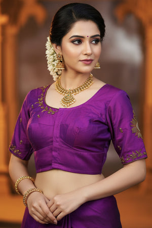 Purple Aari Work Bridal Blouse - Stitched