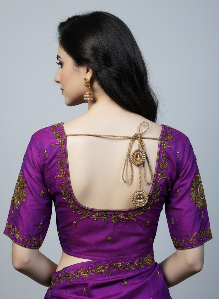 Purple Aari Work Bridal Blouse - Stitched