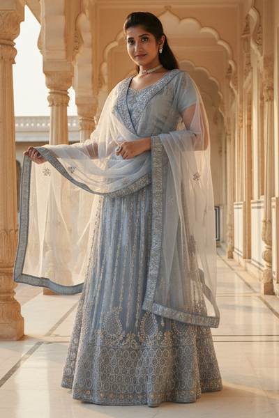 Gray Soft Net Lehenga & Glitter-Embroidered Crop Top