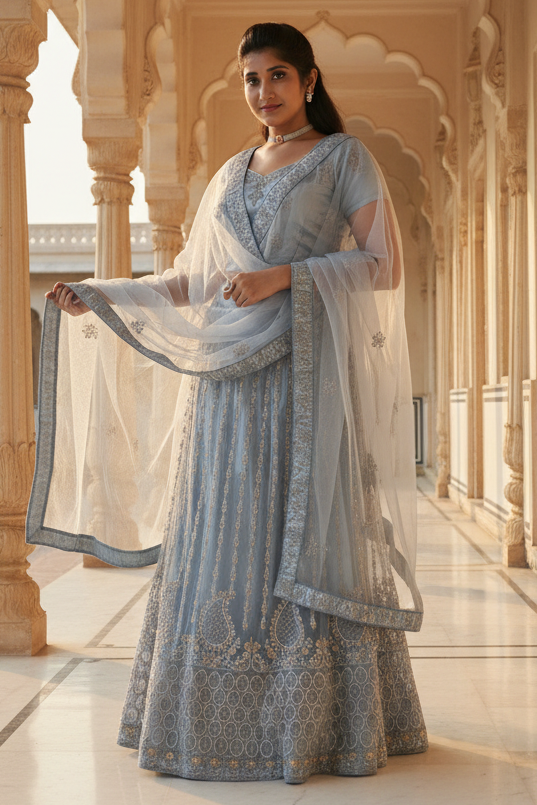 Gray Soft Net Lehenga & Glitter-Embroidered Crop Top