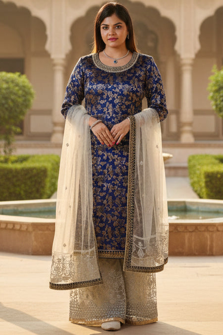 Exquisite Embroidered Palazzo and Salwar kameez Suit in Blue KURTI JCS Fashions