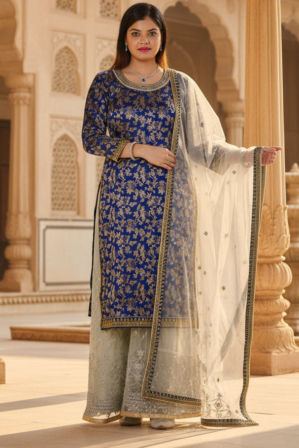 Exquisite Embroidered Palazzo and Salwar kameez Suit in Blue KURTI JCS Fashions Blue Small (36)