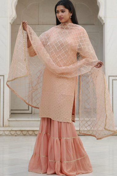 Exquisite Jaguard Sharara Suit - Elegant Embroidery, Sequins & Stone Work KURTI JCS Fashions Peach Medium (38)