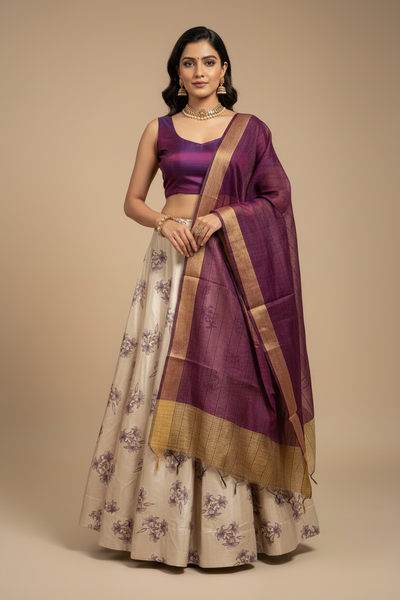 Purple satin Lehenga with Crop top| Printed