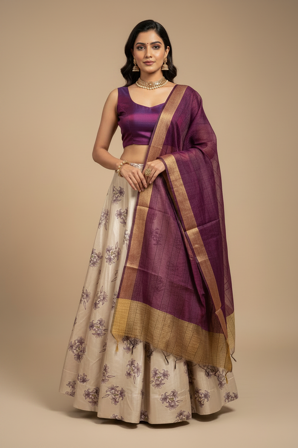 Purple satin Lehenga with Crop top| Printed