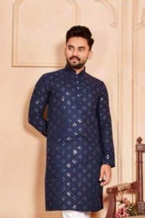 Festive Mirror-Embroidered Cotton Kurta Pajama Set - Stylish Comfort Men JCS Fashions Blue Medium (38)